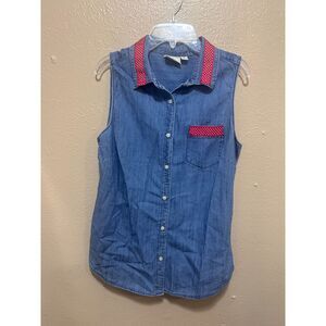 St. John's Bay Chambray Denim Sleeveless Shirt Polka Dot Trim Medium M